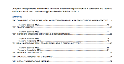 Disponibili quiz e studi dei casi per l'esame Consulente Sicurezza Trasporti ADR/RID/ADN 2023